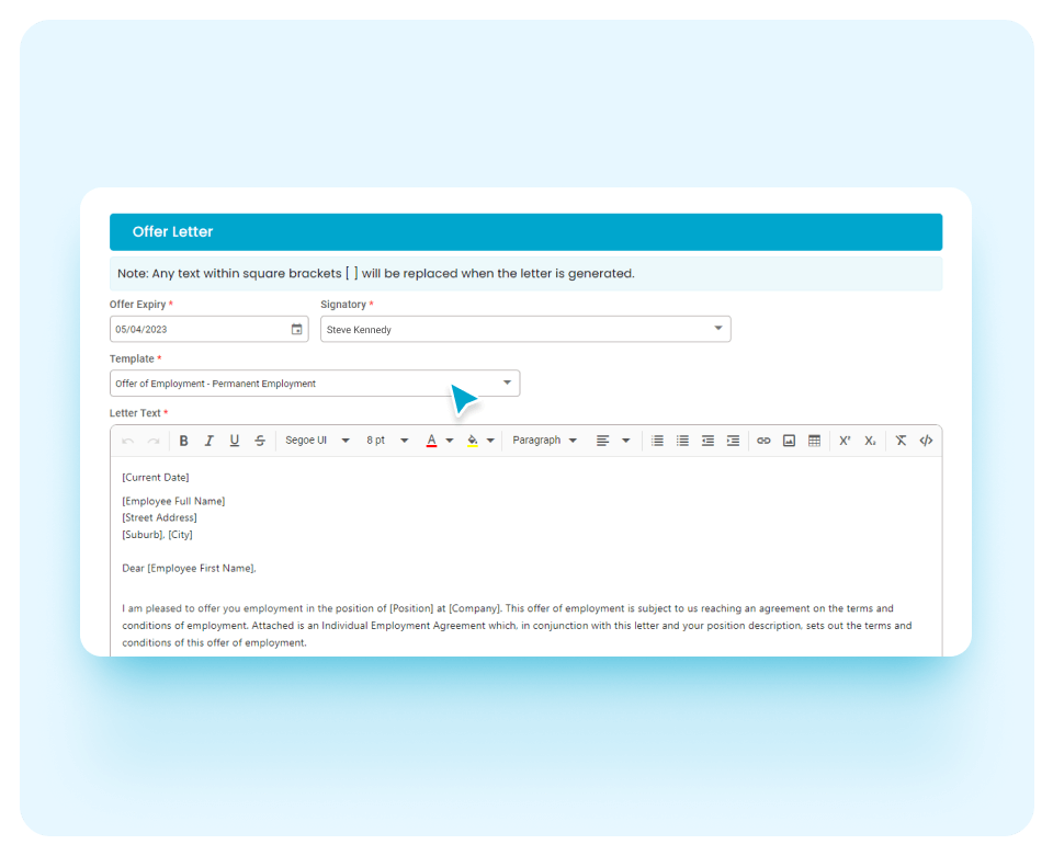 HR Today software screen drafting an offer letter and individual employment agreement