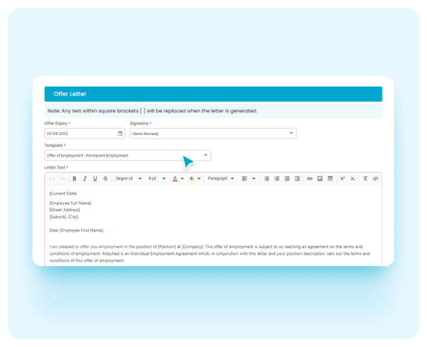 HR Today Software - Creating an offer letter within the onboarding dashboard