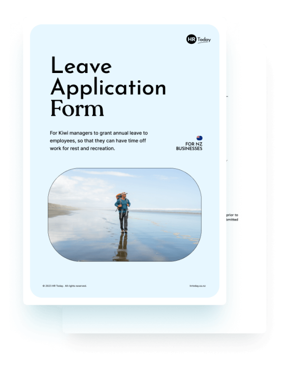 Preview of HR Today's Leave Application Form template for NZ employers — includes annual leave request form layout.